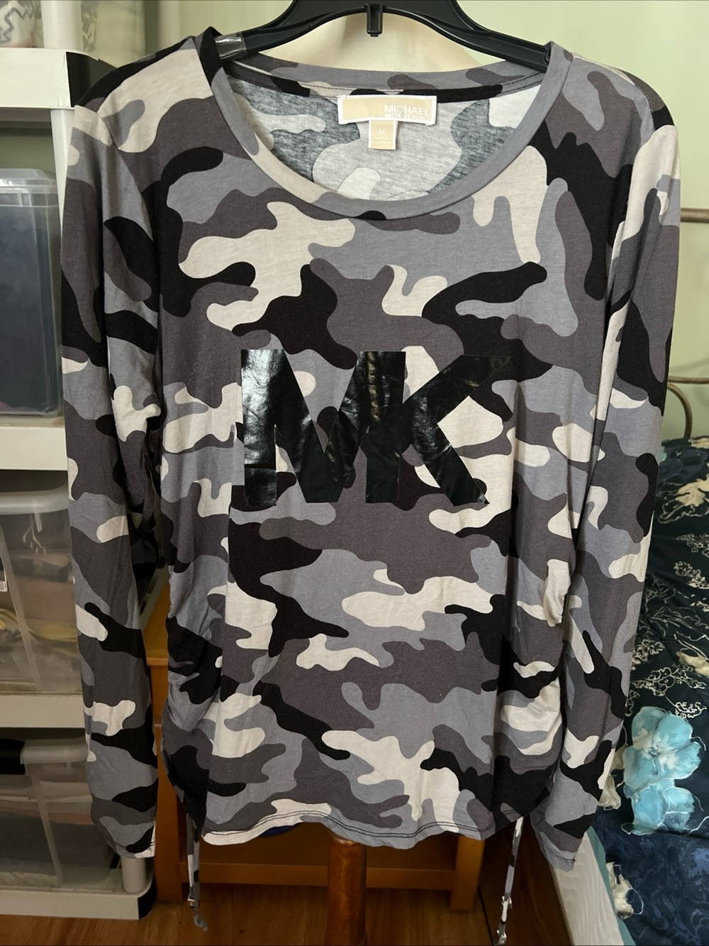 Michael Kors Women’s Gray Camo MK Logo Long Sleeve Top